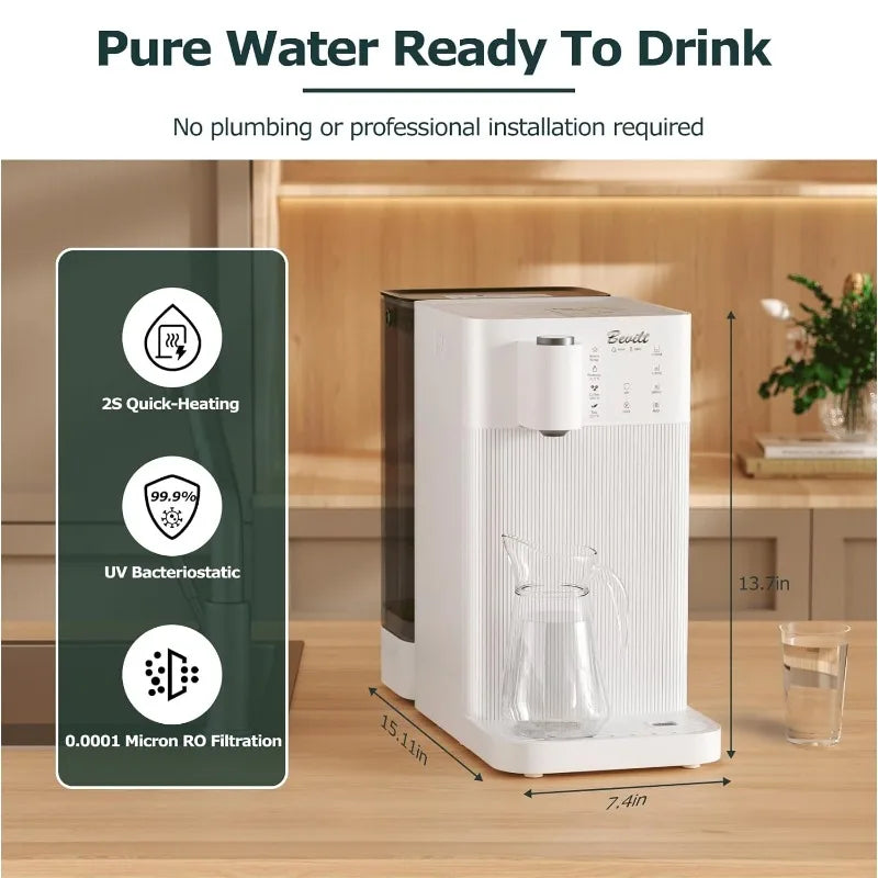 100GPD Countertop Reverse Osmosis Water Filtration System,3:1 Pure to Drain,Instant Hot RO Water Dispenser with UV，4 Temperature