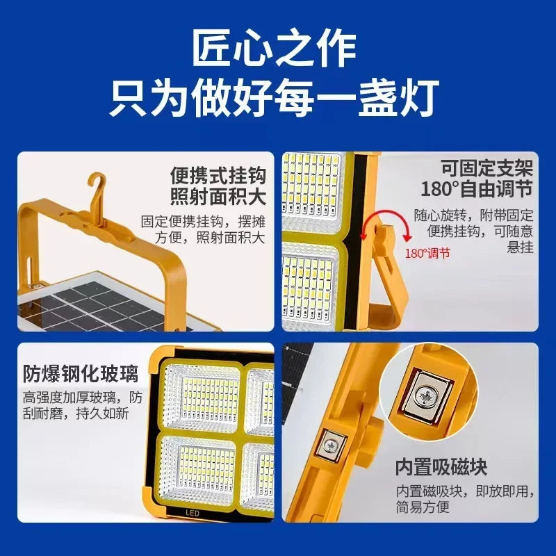 LED Solar Floodlight Rechargeable Emergency Lighting Outdoor Camping Portable Lamp IP66 Waterproof Highlight Searchlight Upgrade