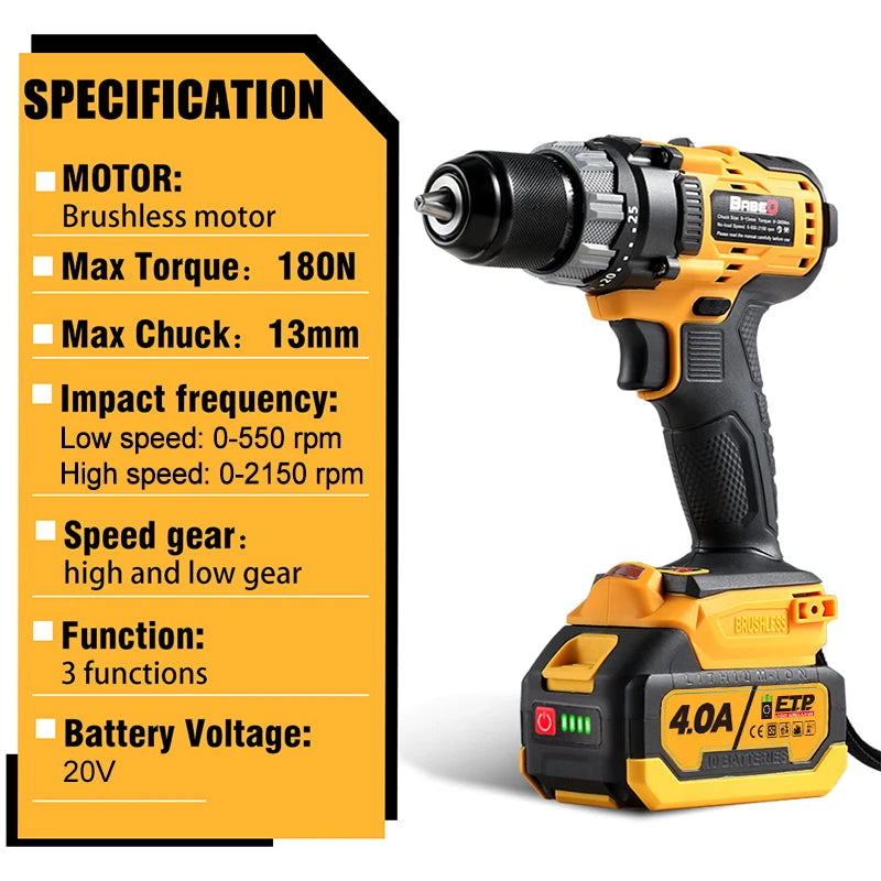 BABEQ 13MM Brushless Electric Impact Drill 2 Speed 25+3 Torque Cordless Electric Screwdriver Power Tool For Makita 18V Battery