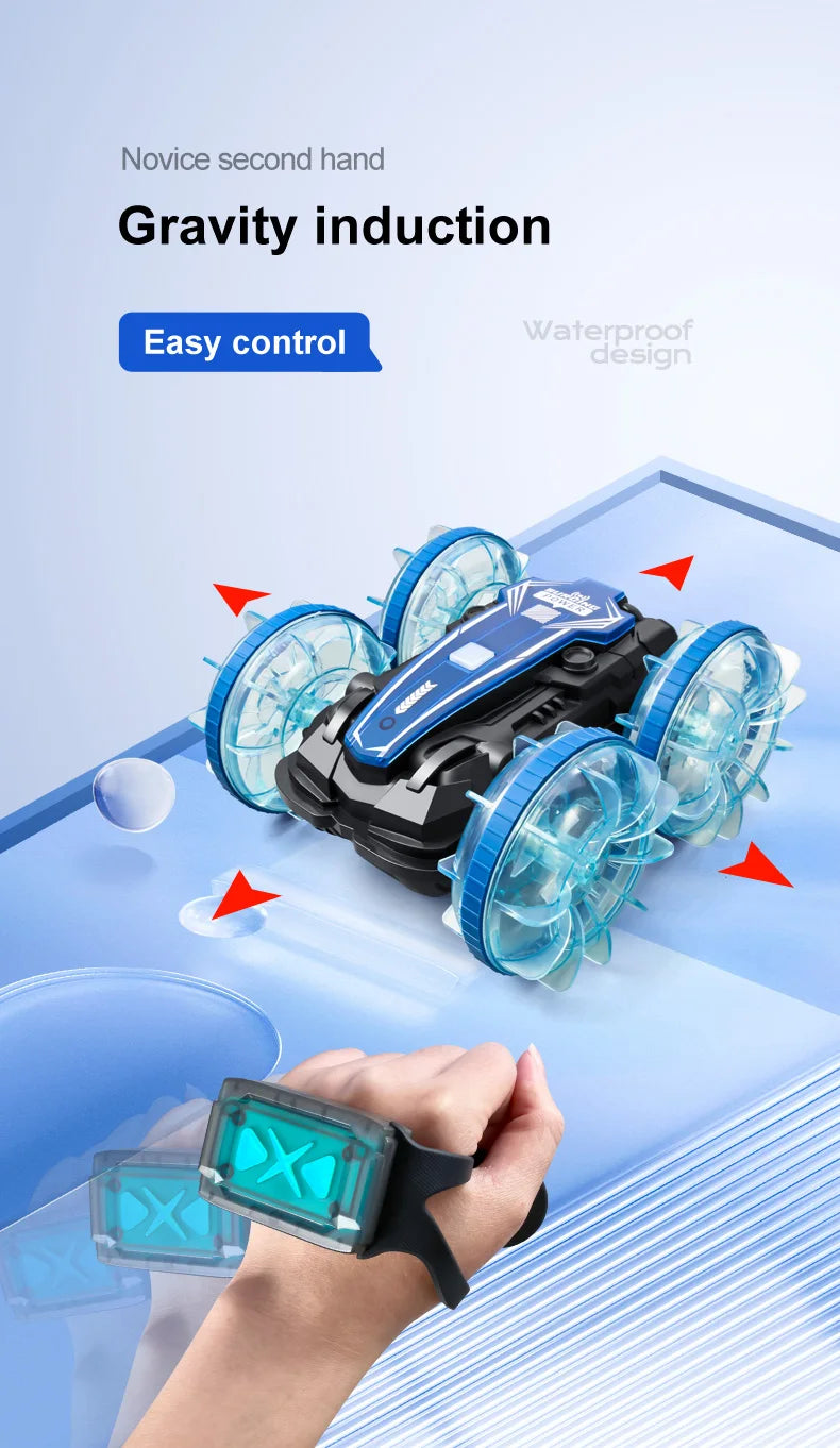 New LED Amphibious RC car Dual remote control waterproof stunt car double side flip drift drive 360 ° rotation rc cars Kids toy