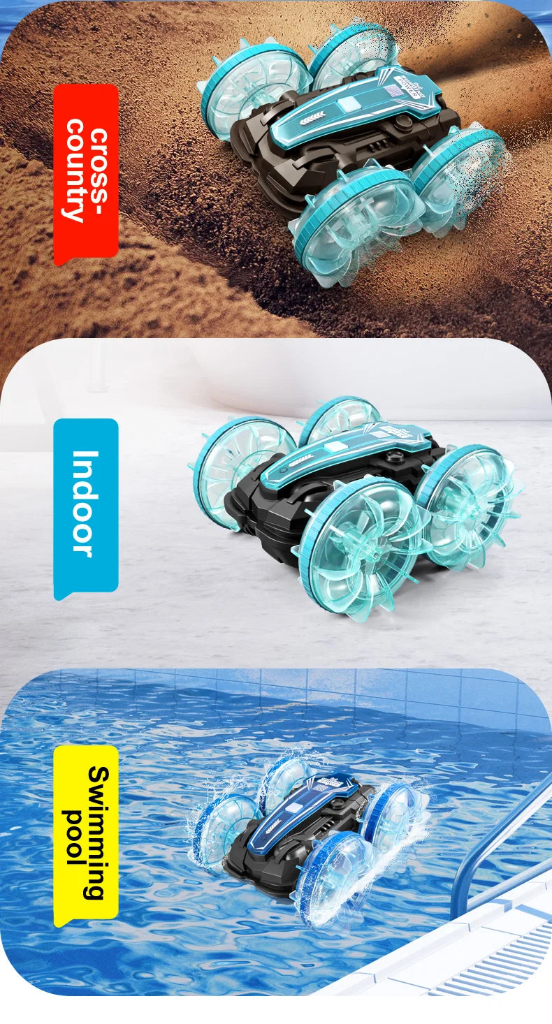 New LED Amphibious RC car Dual remote control waterproof stunt car double side flip drift drive 360 ° rotation rc cars Kids toy