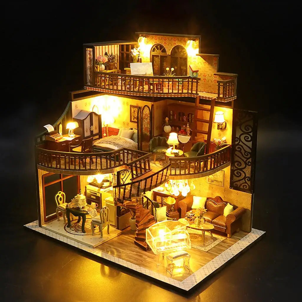 3D Doll House Kit Miniature DIY Retro Villa Handmade Wood Doll House for Christmas Kids