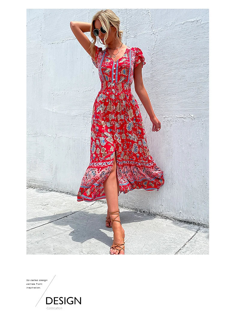 Vintage Floral Boho Printed Vestidos Women Short Sleeves V Neck Slit Midi Dresses A Line Bohemian Summer Beach Dress