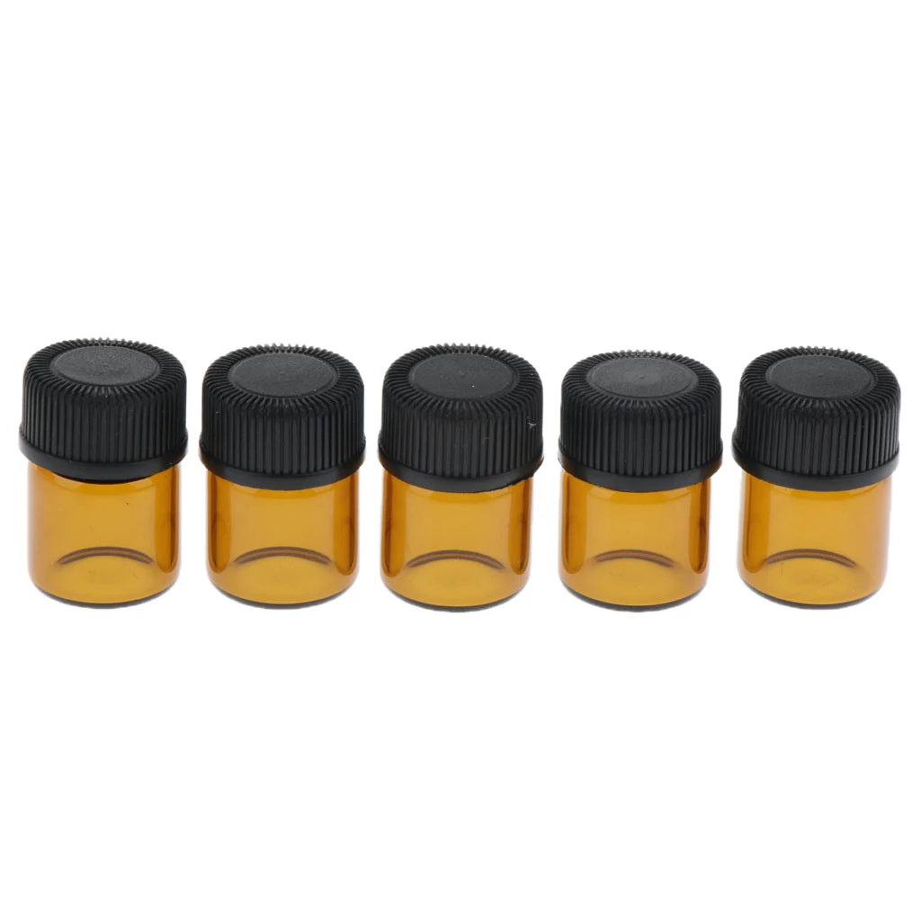 100Pcs 1ml 2ml 3ml Amber of Glass Essential Oil Bottle, Mini Essential Oil Bottles with Orifice Reducer & Black Plastic Cap