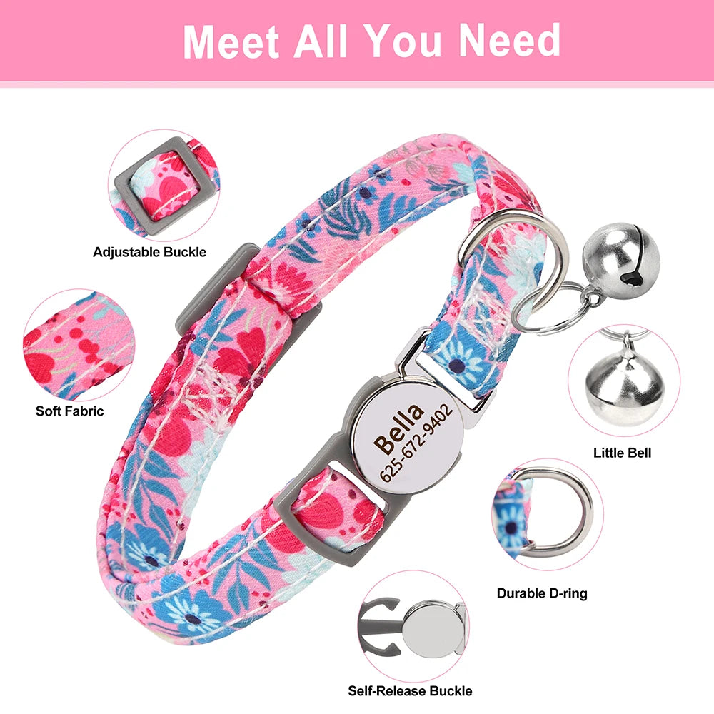 Personalized Cat Collar Quick Release Kitten Cats Collars Cute Print Nylon Pet Necklace With Bell Adjustable for Cats Puppy Pink