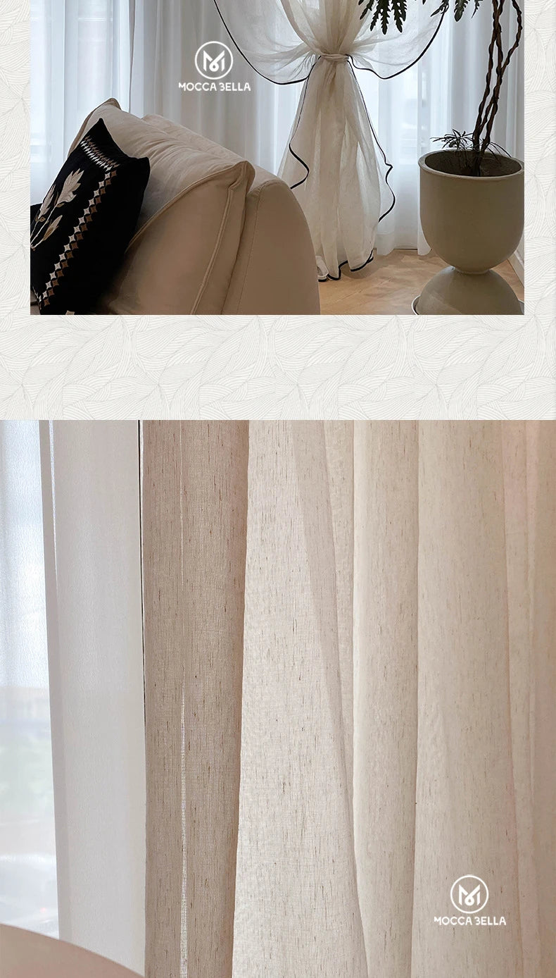 Retro Cream Linen White Tulle Sheer Curtains for Living Room Luxury Bedroom Dining Balcony Black Edge Blackout Gauze Window Door