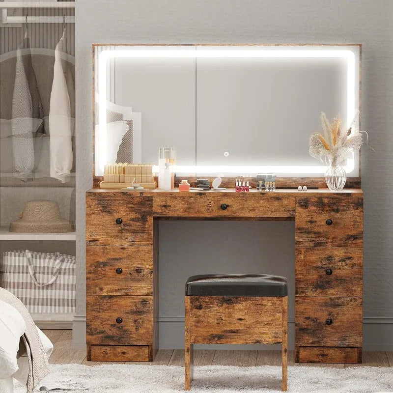 Vanity Desk Set with LED Lighted Mirror & Power Outlet, 7 Drawers Makeup Vanities Dressing Table with Stool, for Bedroom