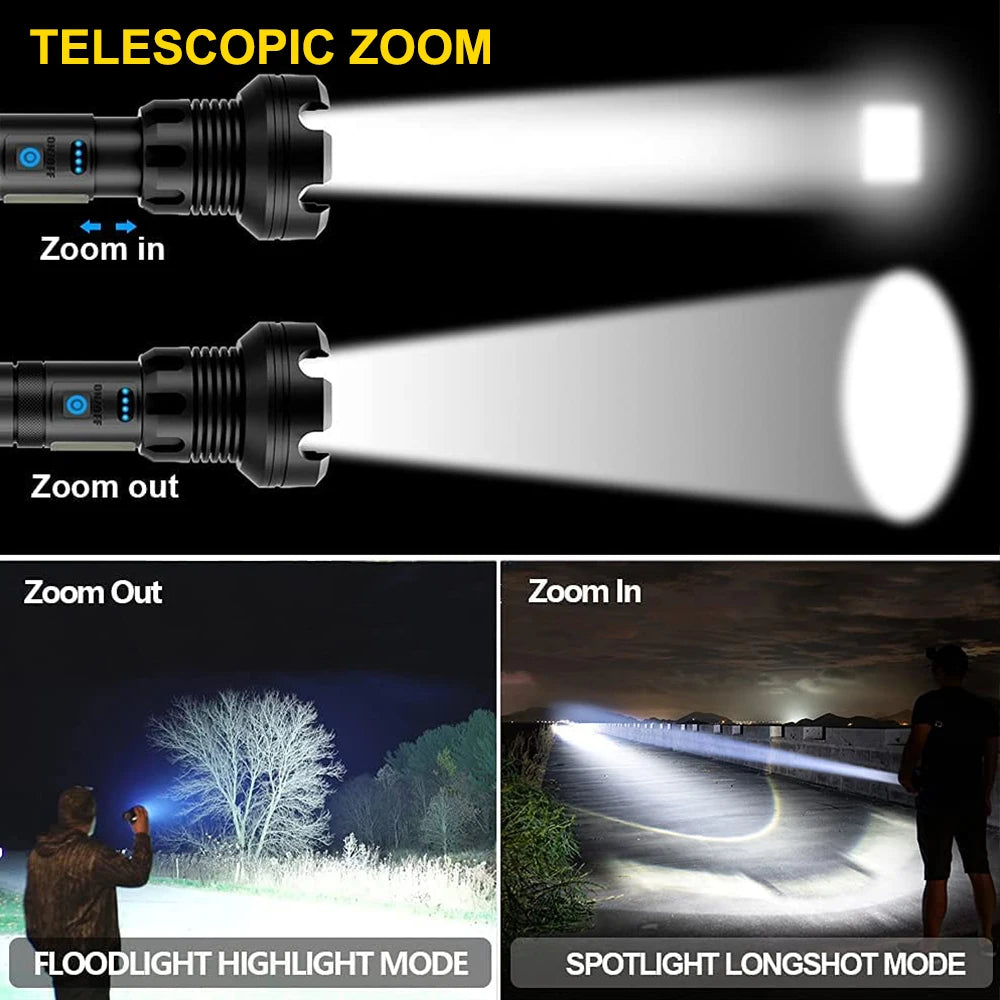 90000 Lumens LED Tactical Flashlight Rechargeable XHP90 USB Zoomable 7Modes Super Bright Floodlight Spotlight Torch Light