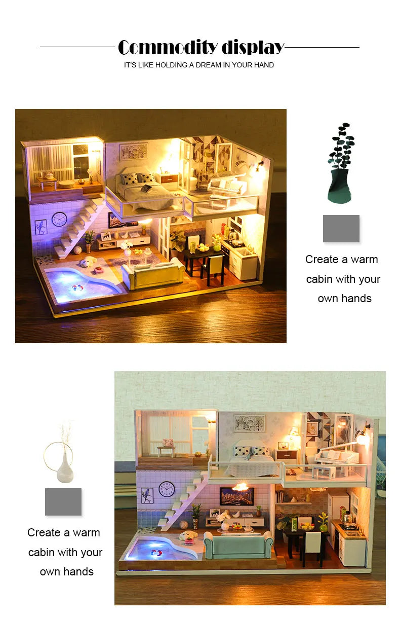 Assemble DIY Wooden House Dollhouse kit Wooden Miniature Doll Houses Miniature Dollhouse toys With Furniture LED Lights Gift