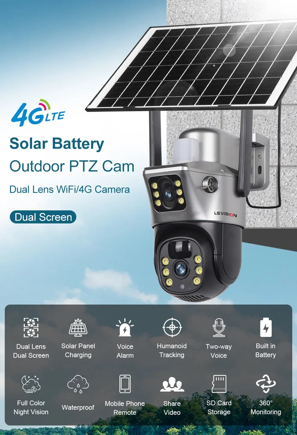 LS VISION 4K 8MP Dual Screen Solar Camera Outdoor Wireless 4G/WiFi PTZ Dual Lens Security Protection Auto Tracking CCTV Cameras