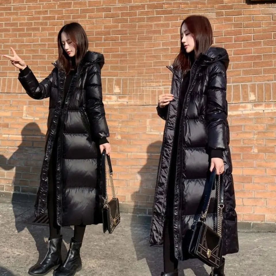 Black Glossy Parka Coat Women's Long Jacket New 2024 Fashion Thicken Winter Hooded Loose Female Windproof Rainproof Warm Outwear