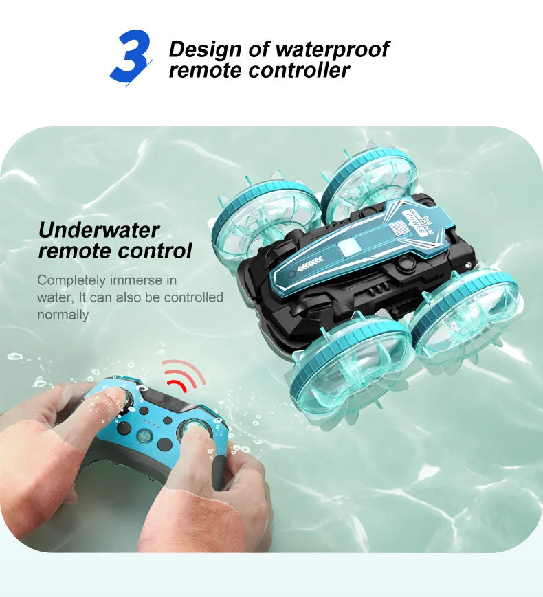 New LED Amphibious RC car Dual remote control waterproof stunt car double side flip drift drive 360 ° rotation rc cars Kids toy