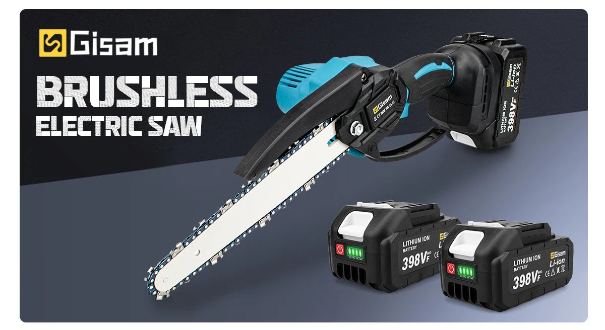 Gisam 8 Inch Brushless Electric Saw Cordless Chain Saw Handheld Garden Wood Logging Chainsaw Power Tools for Makita 18V Battery