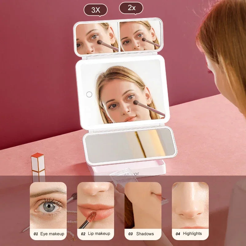 Tri-Fold LED Makeup Mirror Cute Compact Desk Vanity Mirror with 2X/3X Magnifying 3 Tone Lights, Rotable Lighted Makeup Mirror