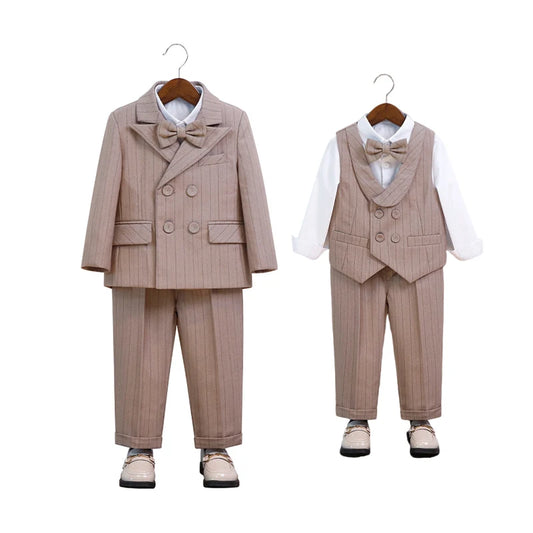 Children's Formal Striped Khaki 4pcs Suit Set Boys Hosting Speech Piano Performance Costume Kids Blazer Vest Pants Bowtie