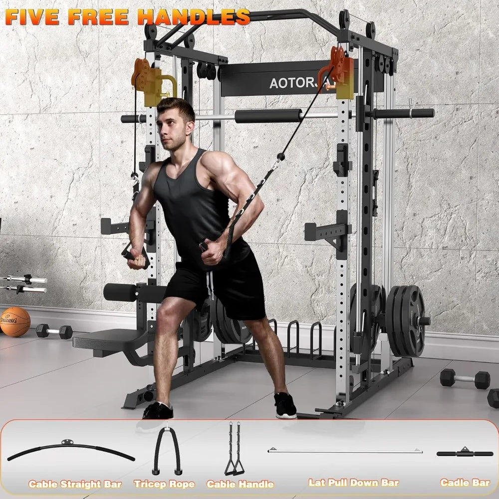 Smith Machine Strength Training Squat Rack with Smith Bar, Power Cage with LAT Pull-Down Systems