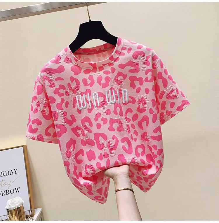 2024 new summer leopard print short sleeved t-shirt for women loose round neck fashionable and chic top trend