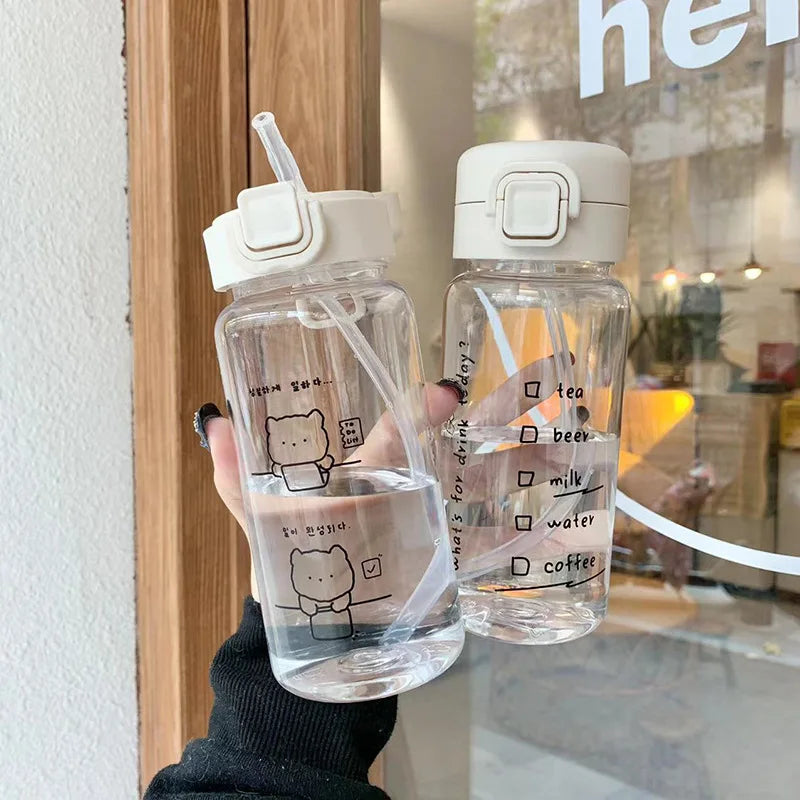 350ml Cartoon Water Bottle with Straw Cute Plastic Drinking Bottle Portable Leak-proof Drinkware for Drinking Milk Coffee Tea