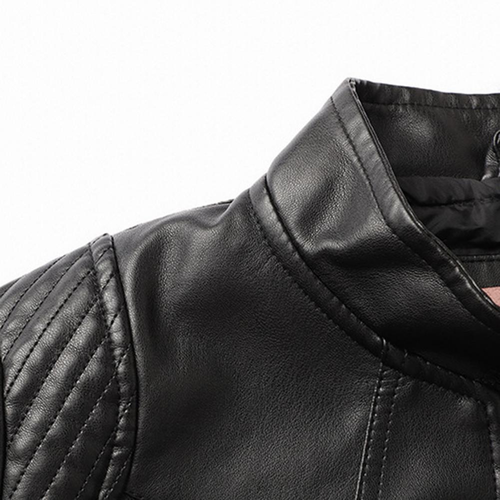 Women Leather Jacket Autumn Outwear Solid Color Slim Fit Faux Leather Jacket Stand Collar Long Sleeve Pockets Zipper Biker Coat