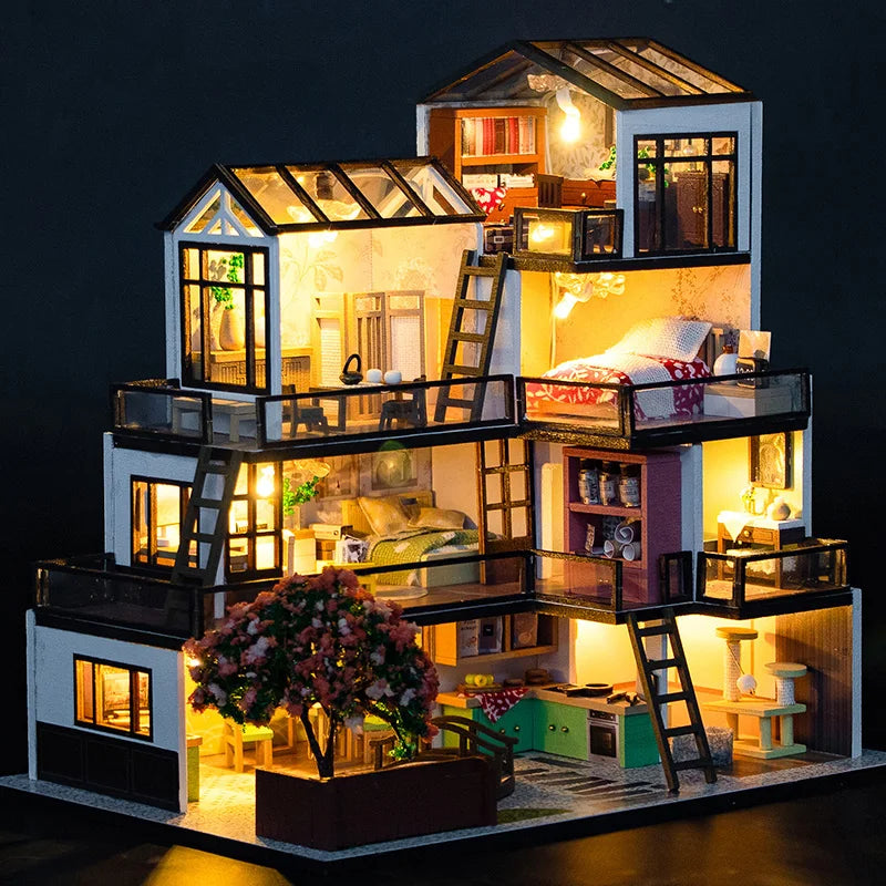 DIY Wooden Doll Houses Dream Town Casa Miniature Building Kit Villa Dollhouse with Furniture Led Lights for Girls Birthday Gifts