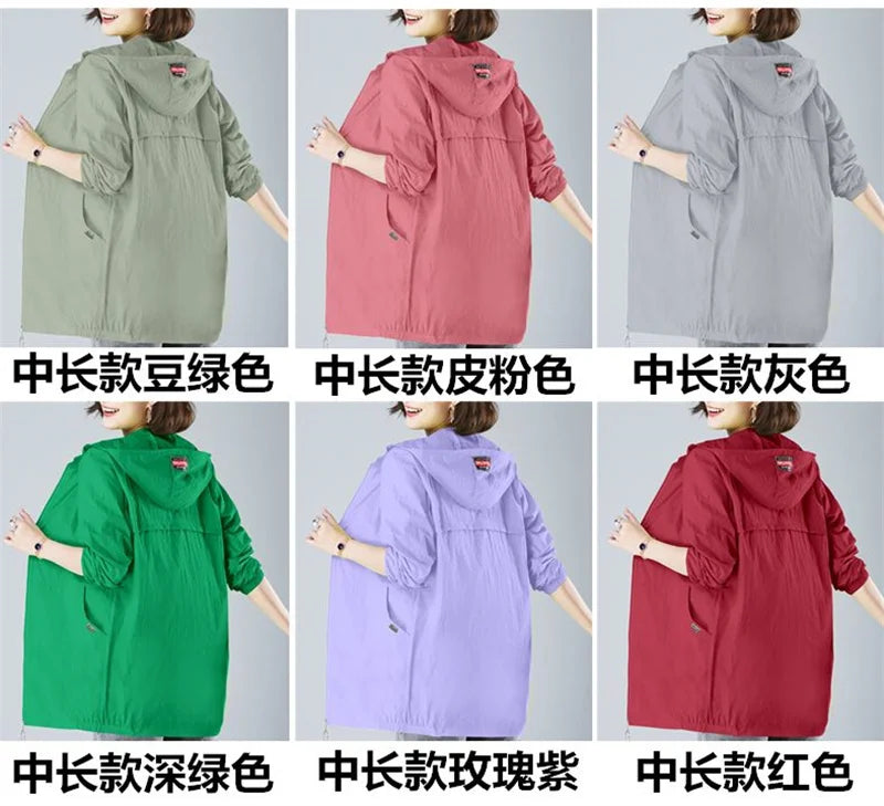 2024 Summer Thin Windbreaker Women Coat New Sunscreen Clothes Mid-Long Female Breathable Oversize Jacket Hooded Female Outerwear