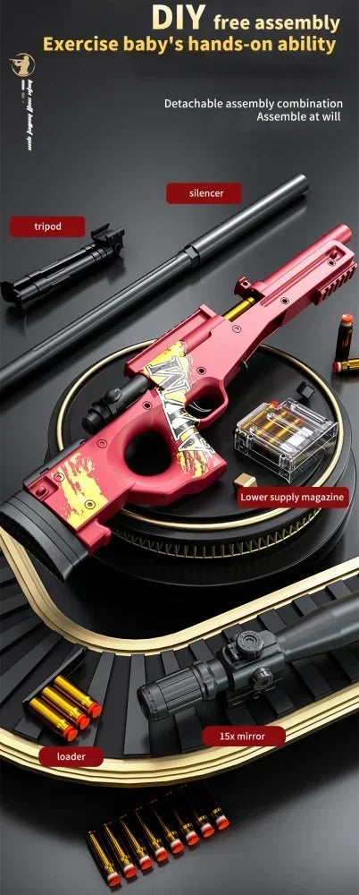 98k AWM Shell Eject Sniper Rifle EVA Soft Bullet Toy Gun with 15X Mirror Silencer Airsoft Gun Model CS Shoot Game for Boys Gift