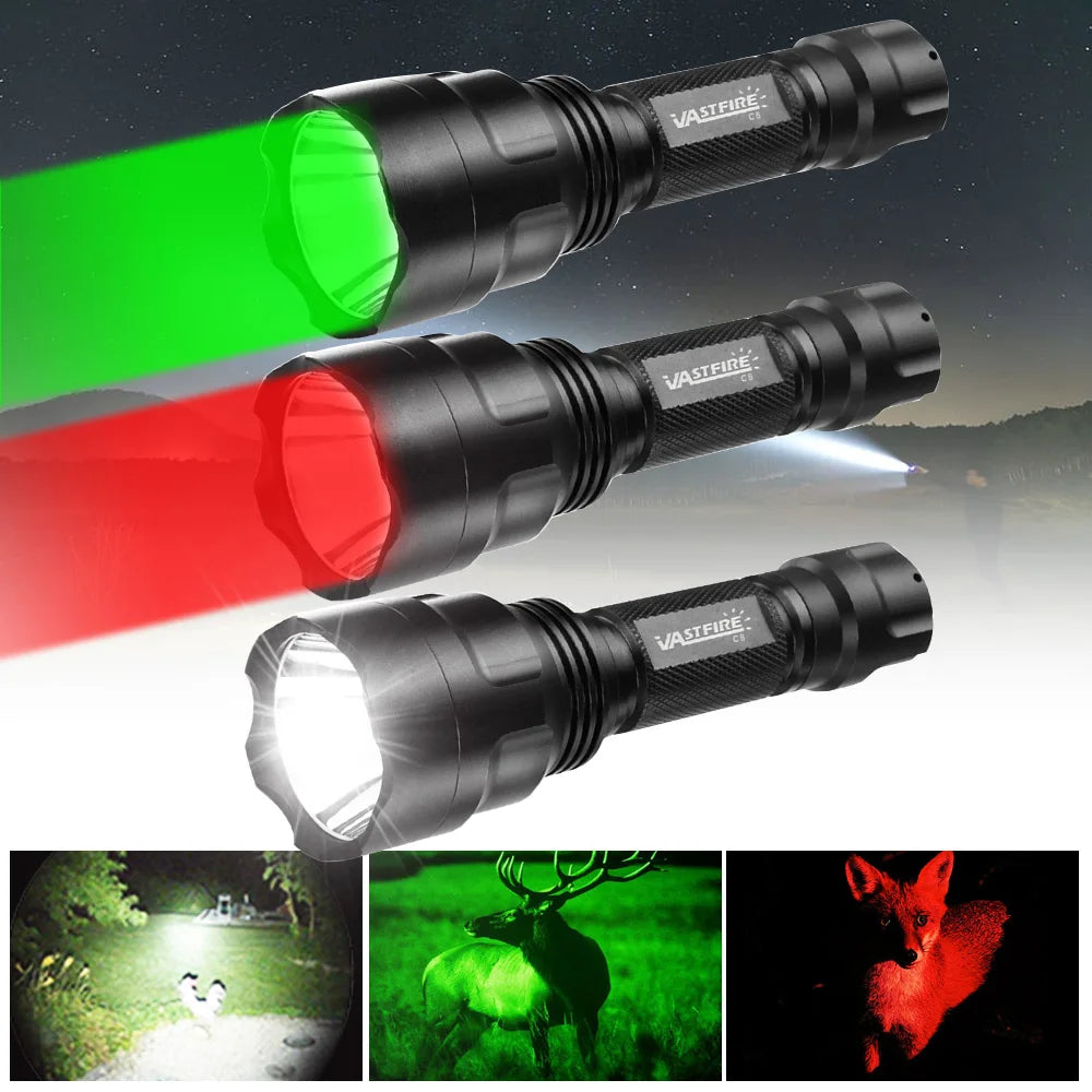 LED Flashlight Hunting Green/Red/White Light Torch Professional Tactical Night Scout Light Set Fish Light USB Rechargeable Torch