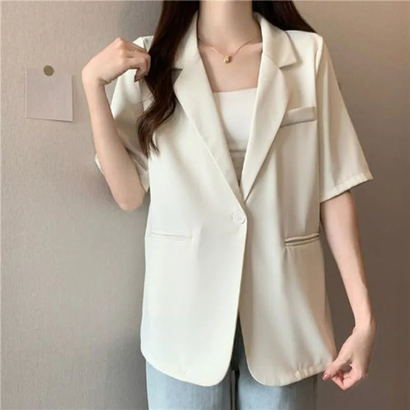 Thin Suit Jacket Women 2024 Summer Casual All Match Single Button Coat Woman Korean Style Loose Balck White Short Sleeve Jackets