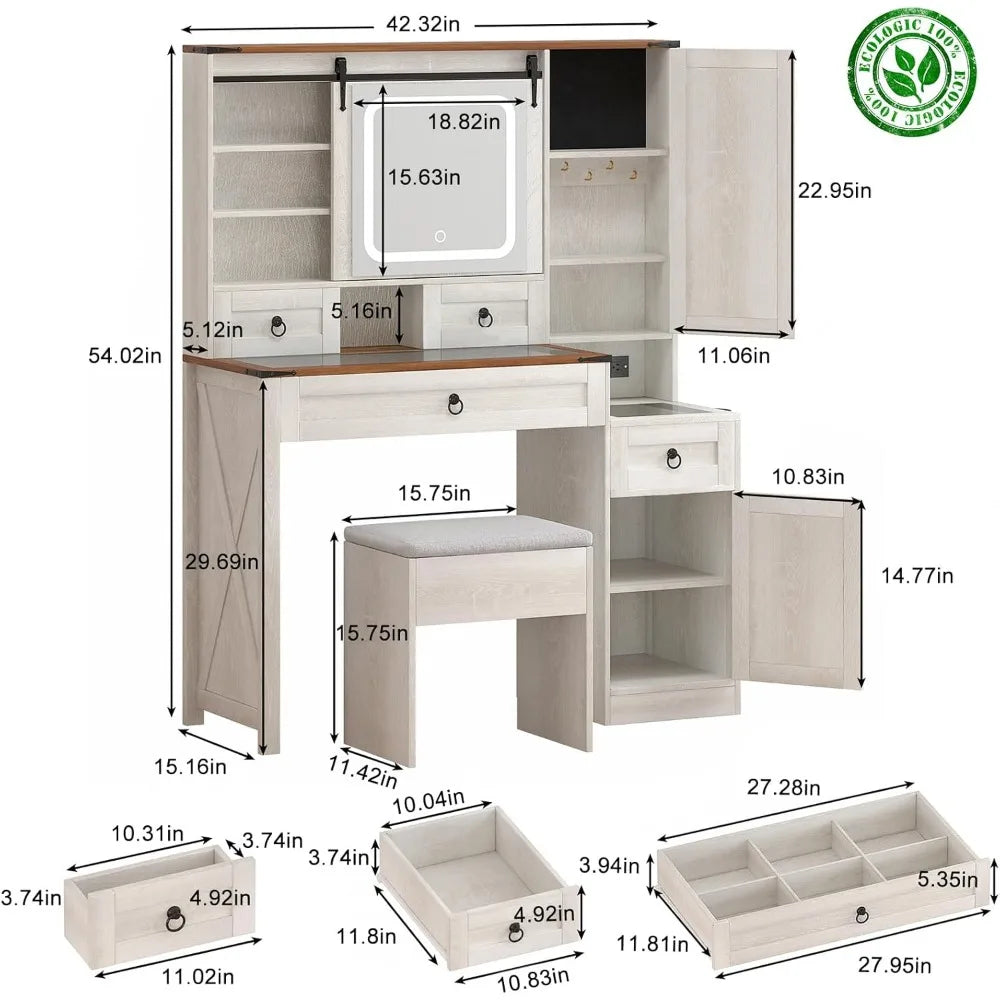 Vanity Set for Bedroom with Sliding Mirror and Lights, 42" Glass Top Vanity Table with Charging Station & 4 Drawers & 2 Cabinets