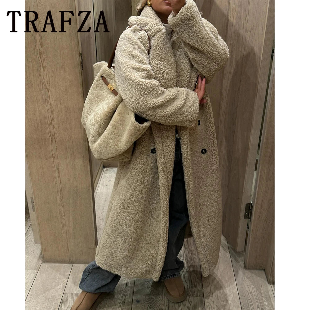 TRAFZA 2024 Winter Women Casual Solid Coat Double Breasted Fleece Coat Loose Fit Long Coat Women Vintage Oversized Long  Jacket