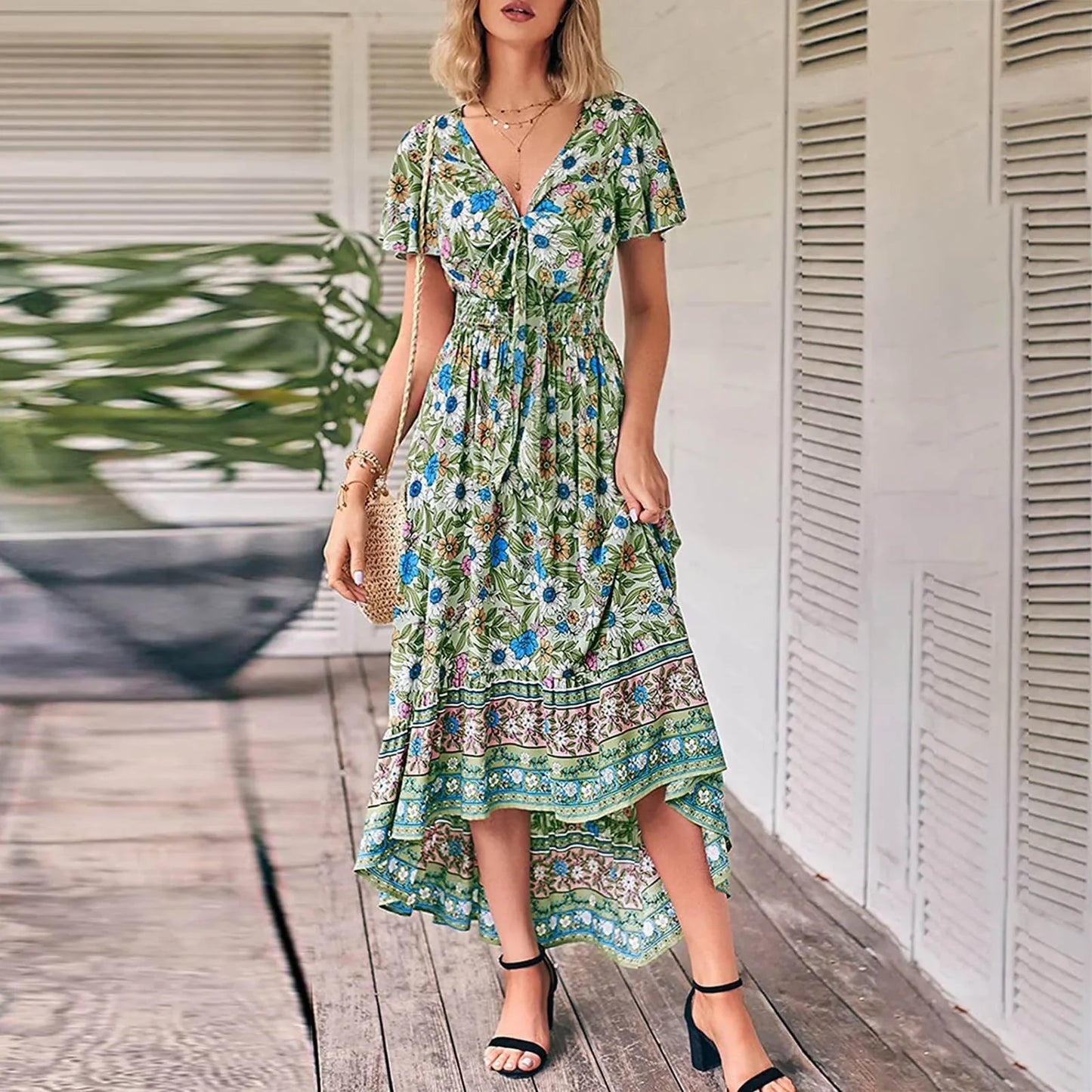 Boho Floral Print Long Dress Women Summer Beach Sundress Sexy Short Sleeve V Neck Ruffle Pleated Dress Bohemian Casual Dresses