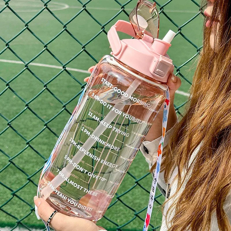 2L Portable Water Bottle Large Capacity Plastic Straw Water Cup Drink Bottle With Time Marker For Outdoor Sports Fitness