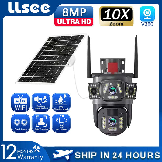 LLSEE V380,CCTV,Wireless WIFI solar closed-circuit television,4K dual lens,outdoor security network camera,4G sim solar camera