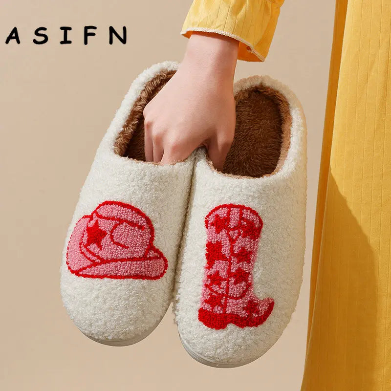 ASIFN Cute Boot Women's Slippers Cowgirl Hat Fluffy Cushion Slides Comfortable Cozy Comfy Smile Houseshoes Laides Winter Shoes