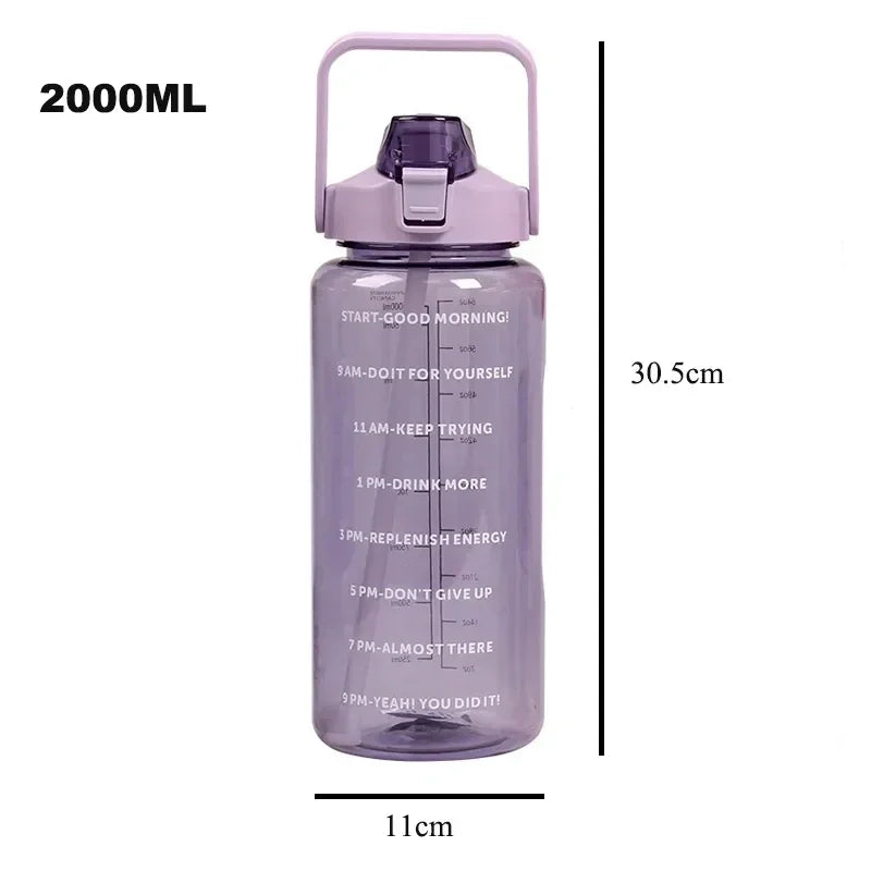 2L Portable Water Bottle Large Capacity Plastic Straw Water Cup Drink Bottle With Time Marker For Outdoor Sports Fitness