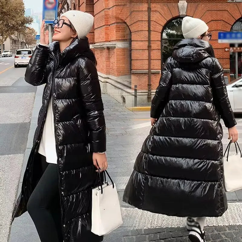 Black Glossy Parka Coat Women's Long Jacket New 2024 Fashion Thicken Winter Hooded Loose Female Windproof Rainproof Warm Outwear