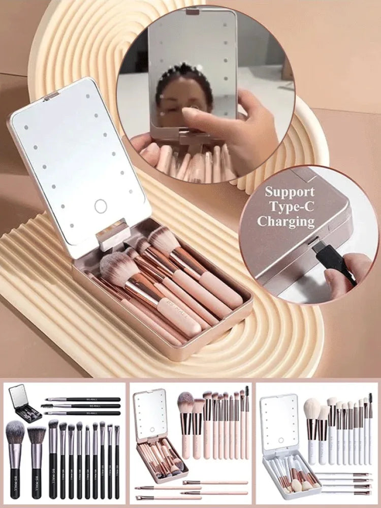 Makeup Mirror Set with Lid Dustproof Organizer Lighted Makeup Brush Set Mirror for Bloggers