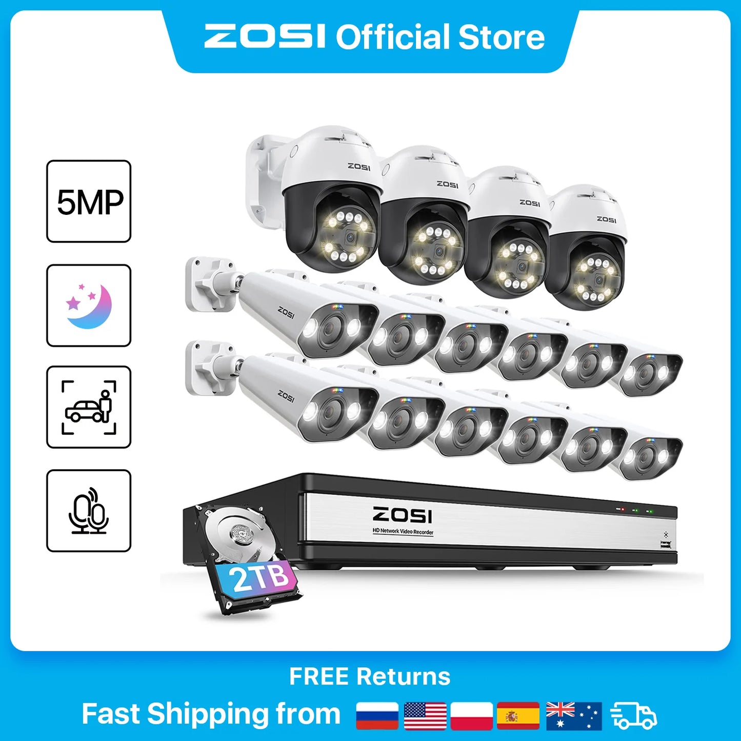 ZOSI 16CH 5MP PTZ PoE Security IP Camera System 4K 8MP NVR Smart Face Person Vehicle Detection CCTV Video Surveillance Kit