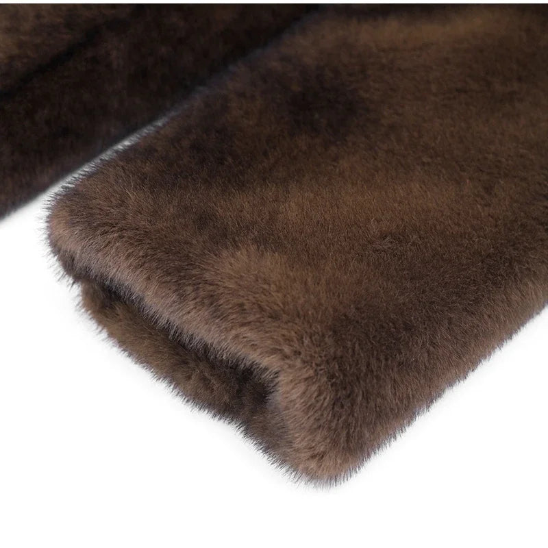 Women's Dark Brown Faux Fur Long Overcoat Single Breasted Fleece Long Trench Coat Winter Fluffy Plush Warm New Thicken Outerwear