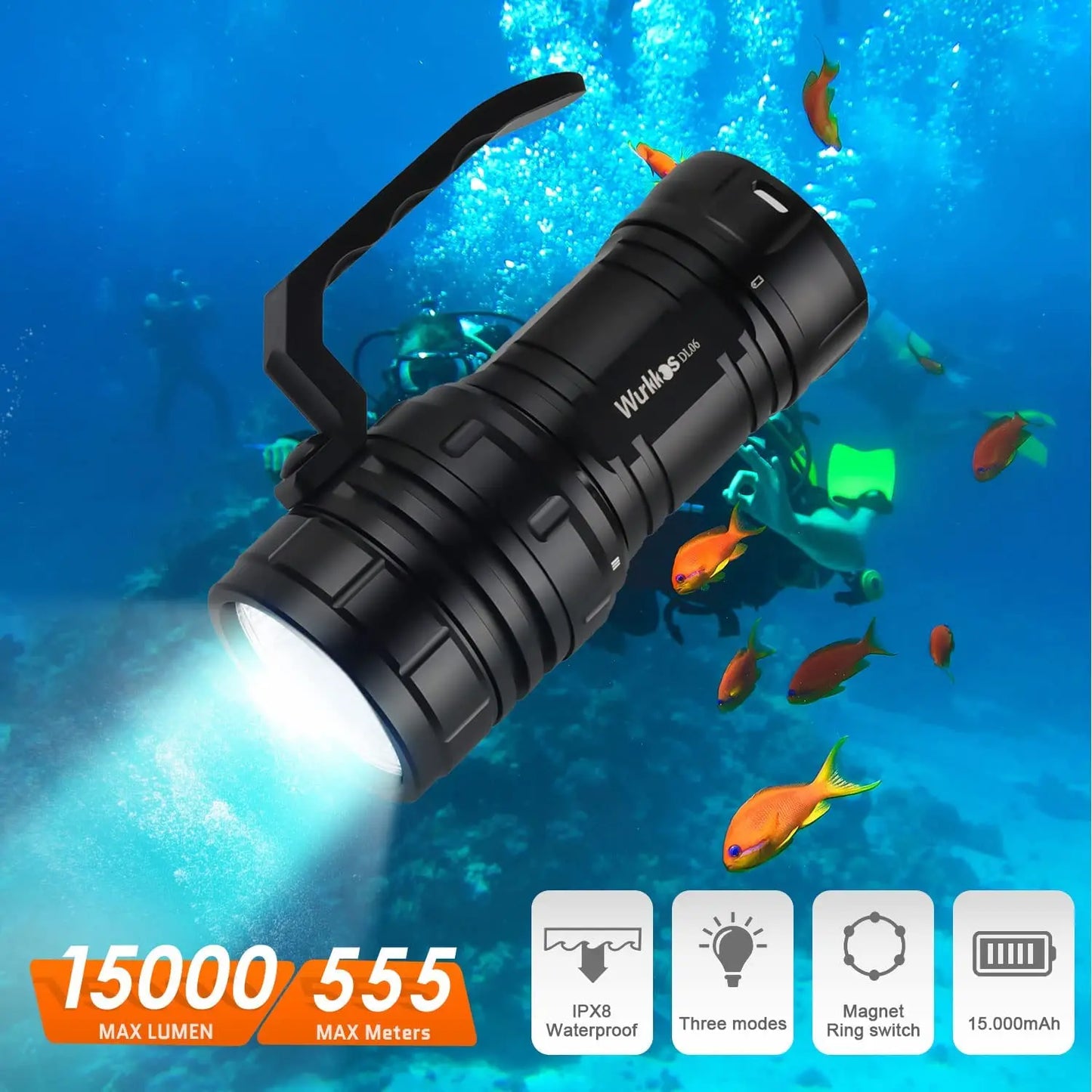 Wurkkos DL06 Professional Scuba Diving Flashlight IPX8 3*21700 Battery Super Bright 15000LM USB Reverse Charge 6 * XHP50.2