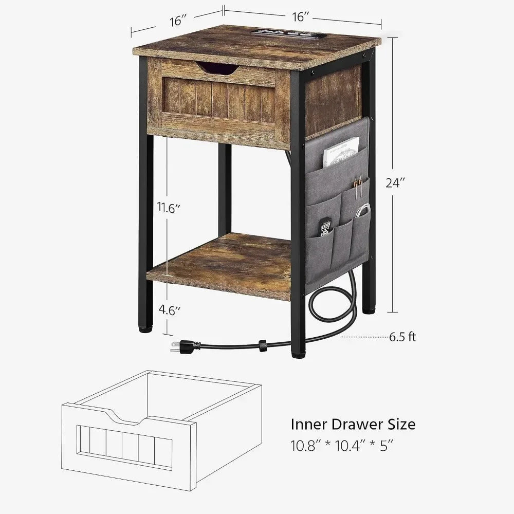 Wood Bedside Table with Drawer&Shelf,Bedside Cupboard with 2USBOutlets,Steel-Framed Bedside Cabinet with Storage Bag for Bedroom