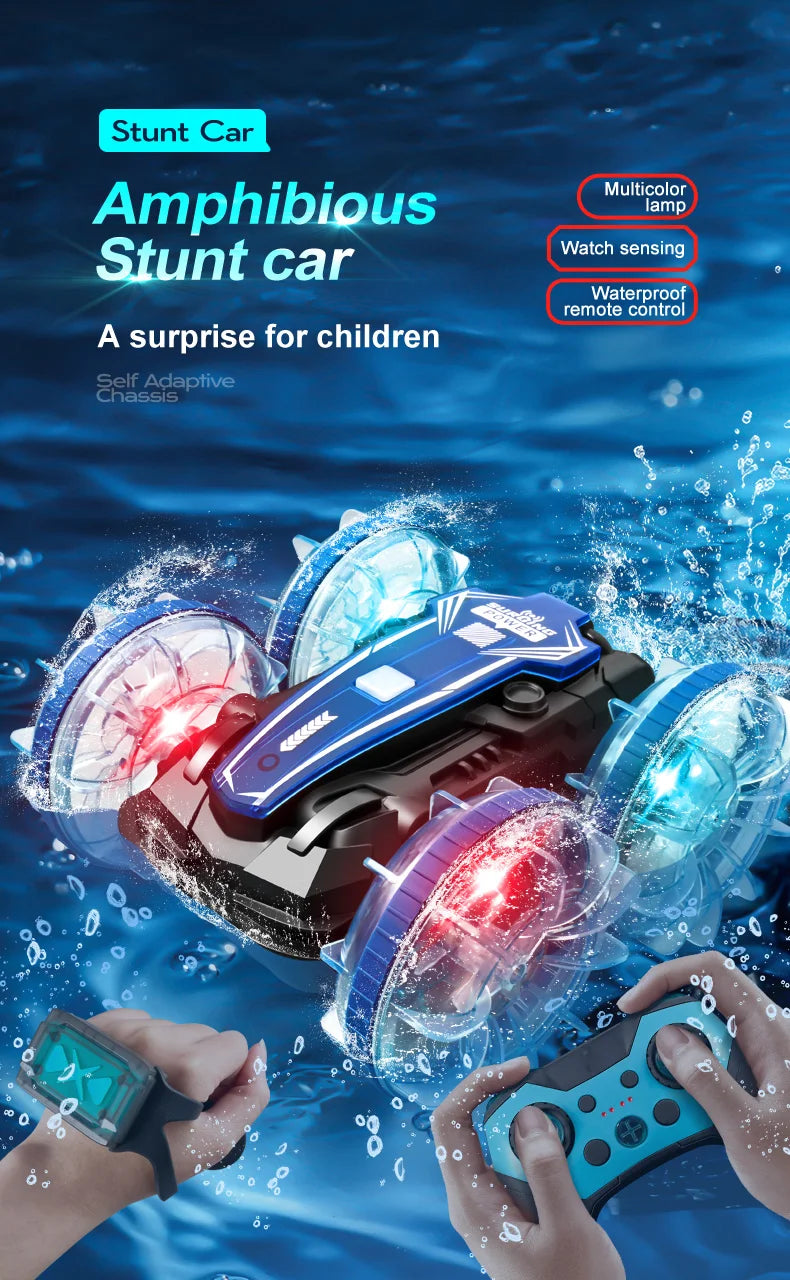 New LED Amphibious RC car Dual remote control waterproof stunt car double side flip drift drive 360 ° rotation rc cars Kids toy