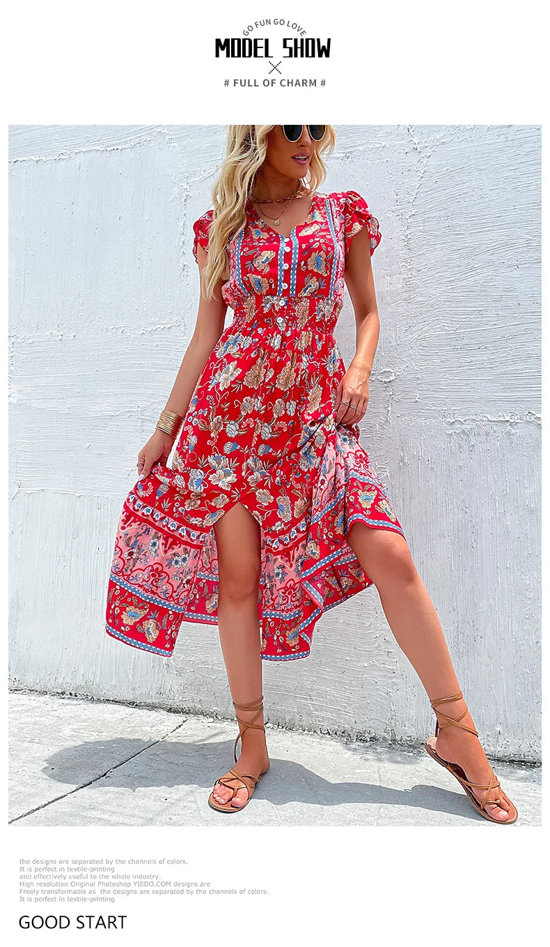 Vintage Floral Boho Printed Vestidos Women Short Sleeves V Neck Slit Midi Dresses A Line Bohemian Summer Beach Dress