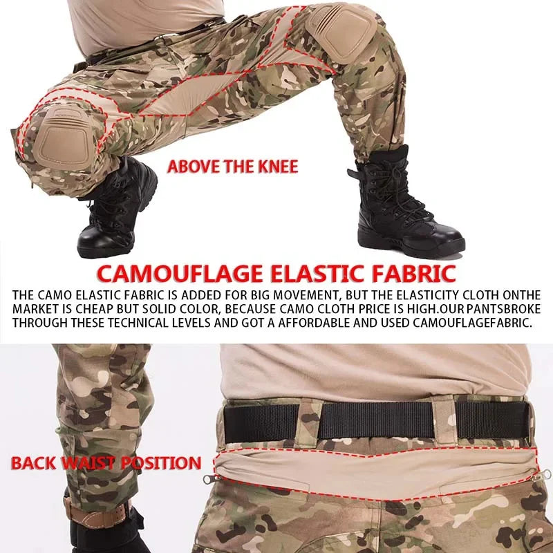 G3 Combat Pants with Pads Elastic Military Pant Tactical Gear Army Camo Outdoor Tactic Airsoft Cargo Casual Work Trouser