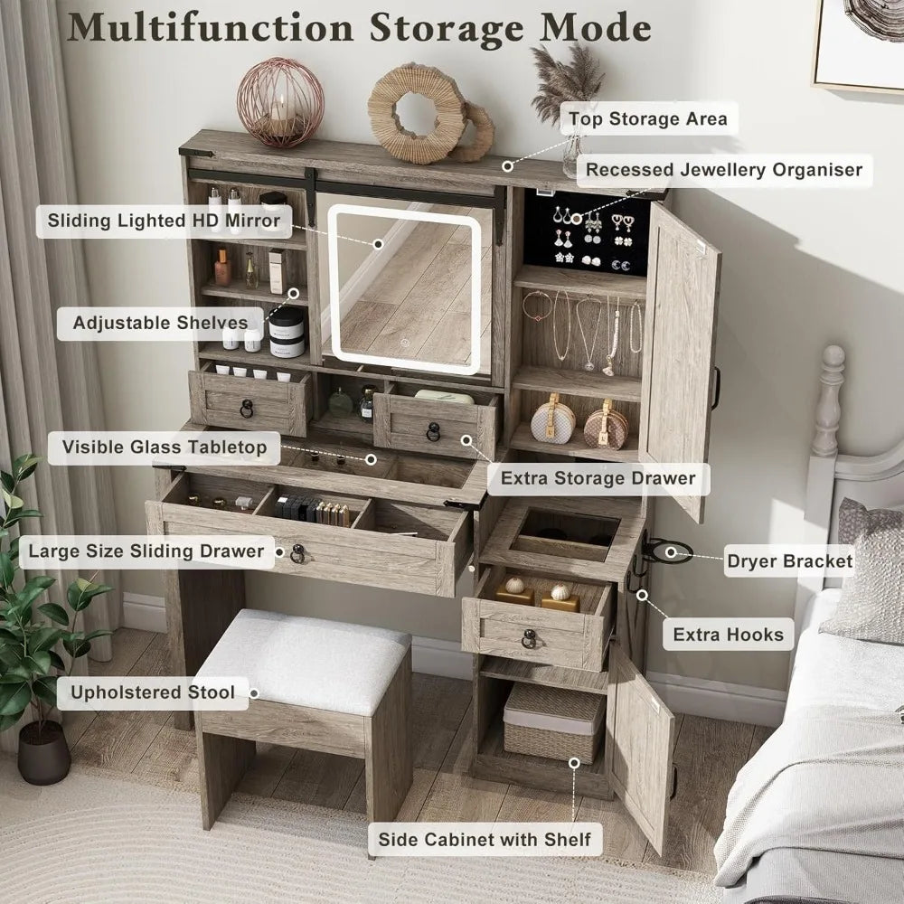 Vanity Set for Bedroom with Sliding Mirror and Lights, 42" Glass Top Vanity Table with Charging Station & 4 Drawers & 2 Cabinets