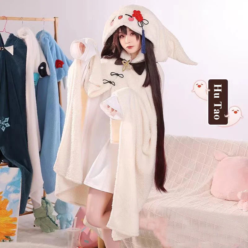 Genshin Impact Xiao Hutao Ghost Wanderer Traveler Kazuha Cosplay Blanket Cloak Cape Funny Fleece Pajamas Anime Costume Hoodie