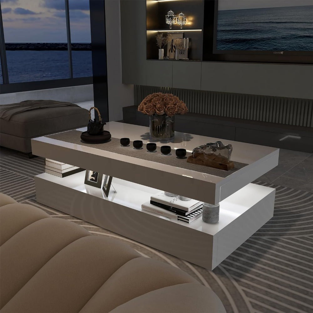 White Rectangular Coffee Table for Living Room With Remote Control High Gloss Modern Coffee Table With RGB LED Light Furniture