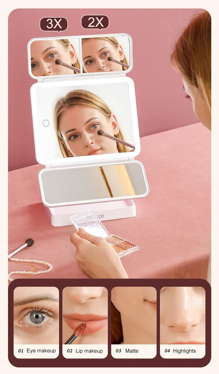 Tri-Fold LED Makeup Mirror Cute Compact Desk Vanity Mirror with 2X/3X Magnifying 3 Tone Lights, Rotable Lighted Makeup Mirror