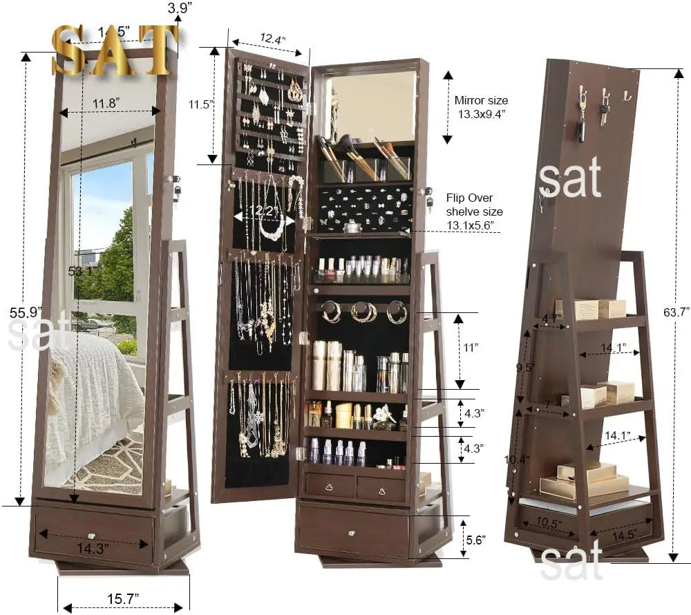 360 Swivel Full Length Mirror Jewelry Cabinet Standing With Built - 63.7 H Armoire With Mirror & 3 Drawers, Lockable Storage