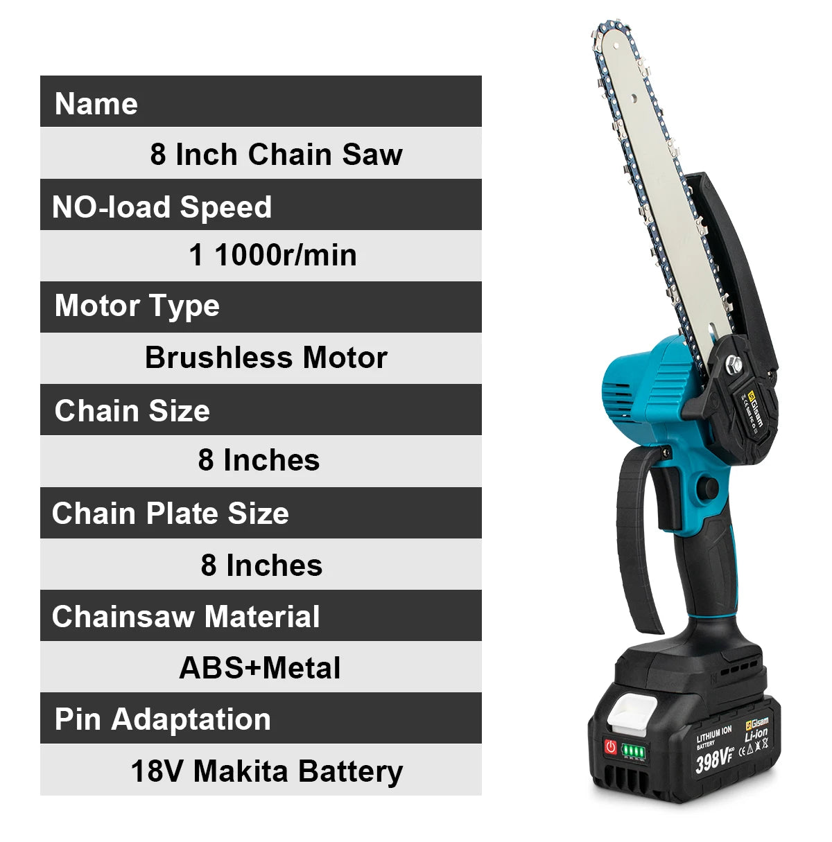 Gisam 8 Inch Brushless Electric Saw Cordless Chain Saw Handheld Garden Wood Logging Chainsaw Power Tools for Makita 18V Battery